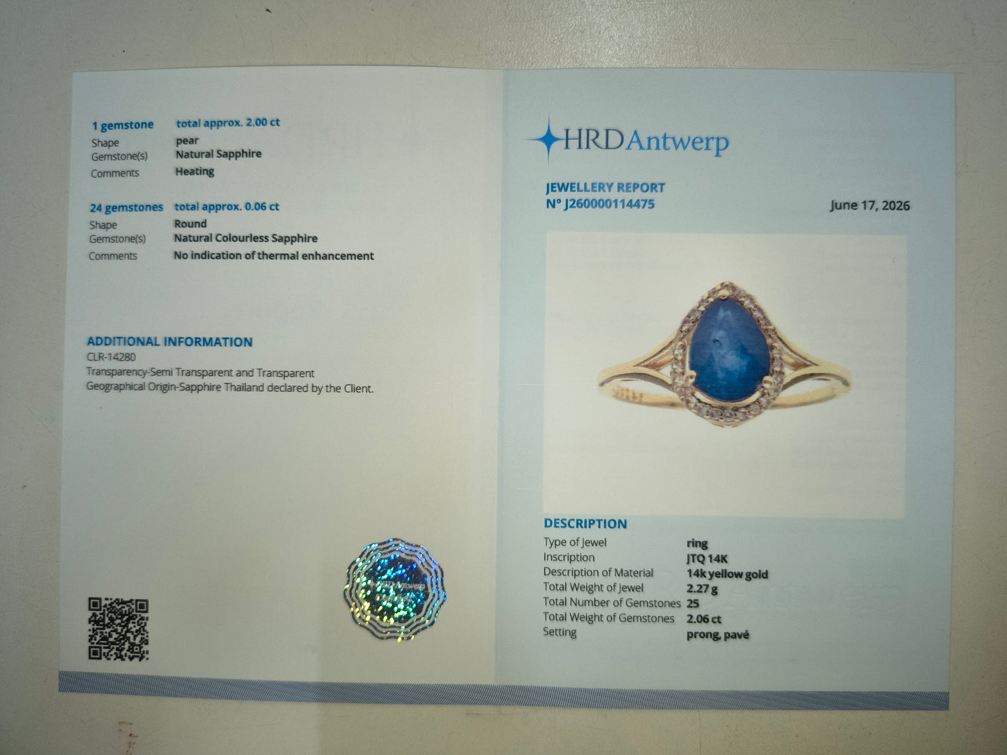 2.06 Ct Pear Natural Sapphire 14K Gold Ring
