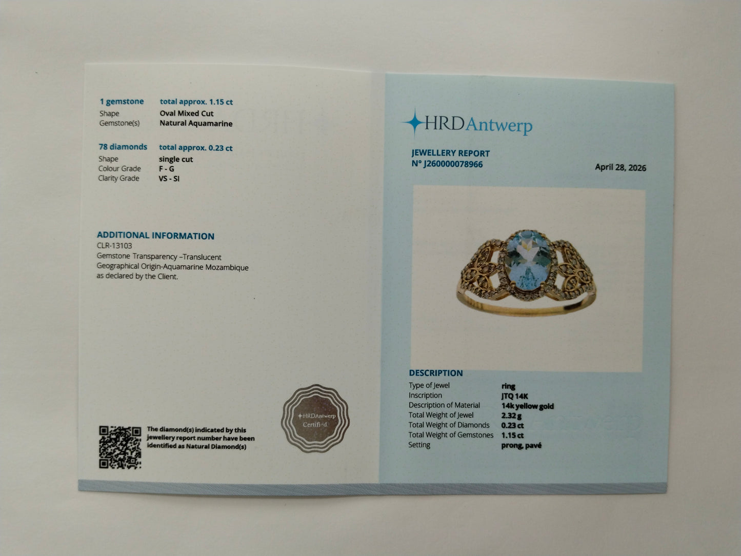 1.38 Ct Oval Mixed Cut Natural Aquamarine 14K Gold Ring