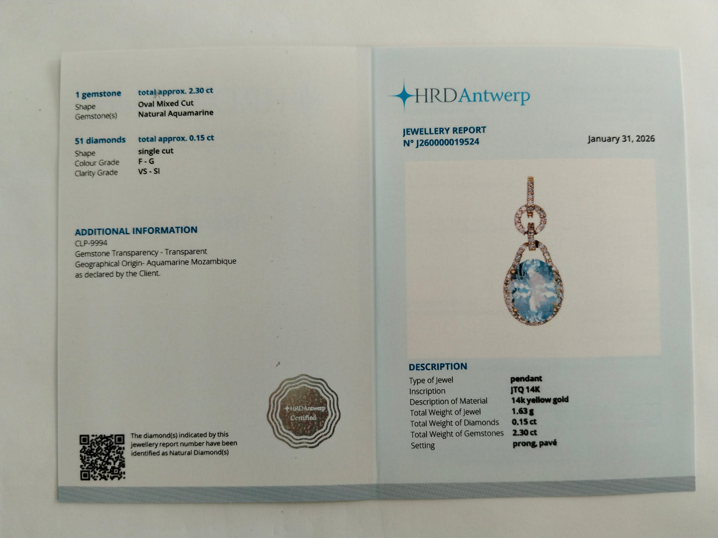 2.45 Ct Oval Mixed Cut Natural Aquamarine 14K Gold Pendant