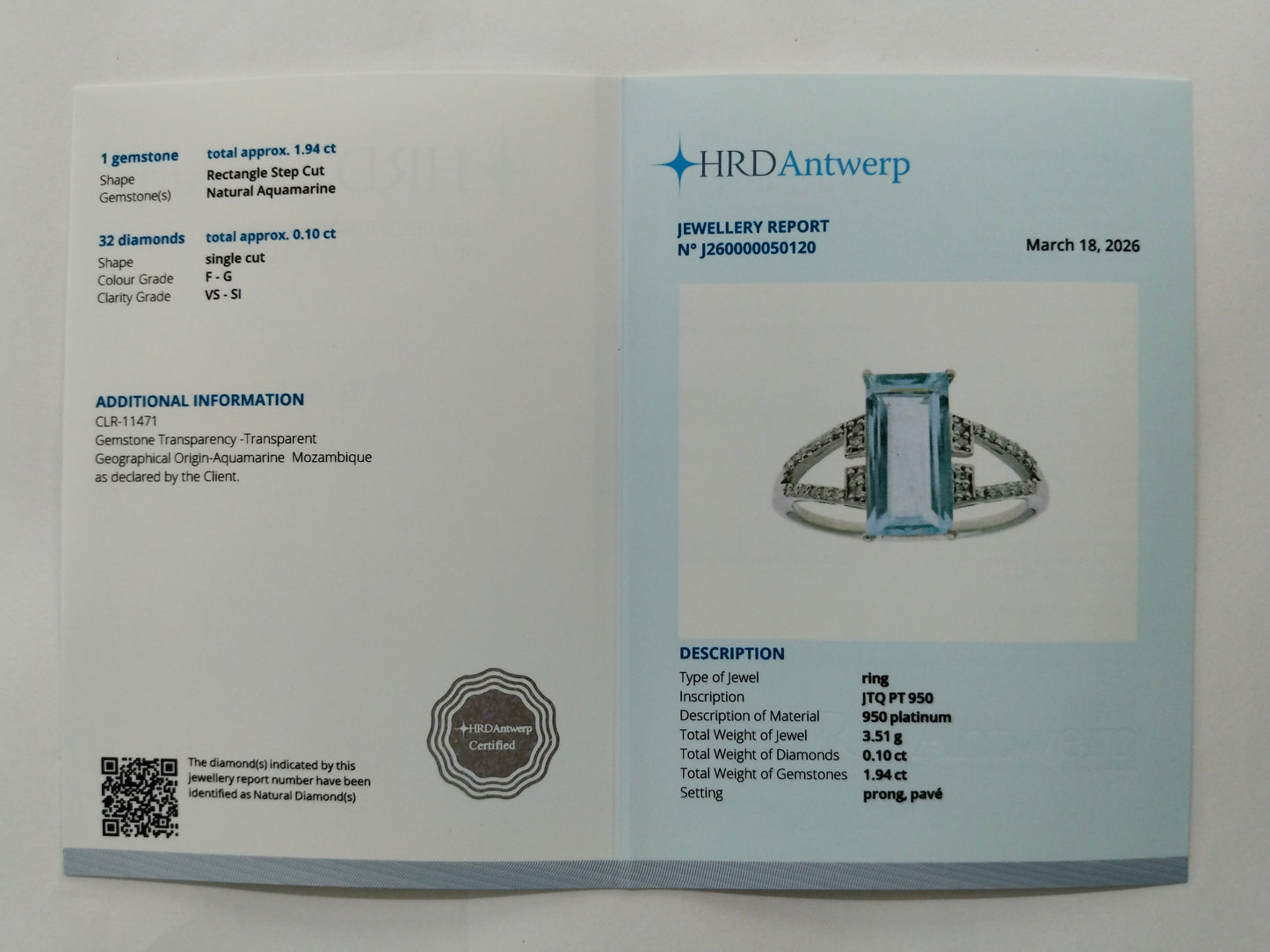 2.04 Ct Rectangle Step Cut Natural Aquamarine 950 Platinum Ring