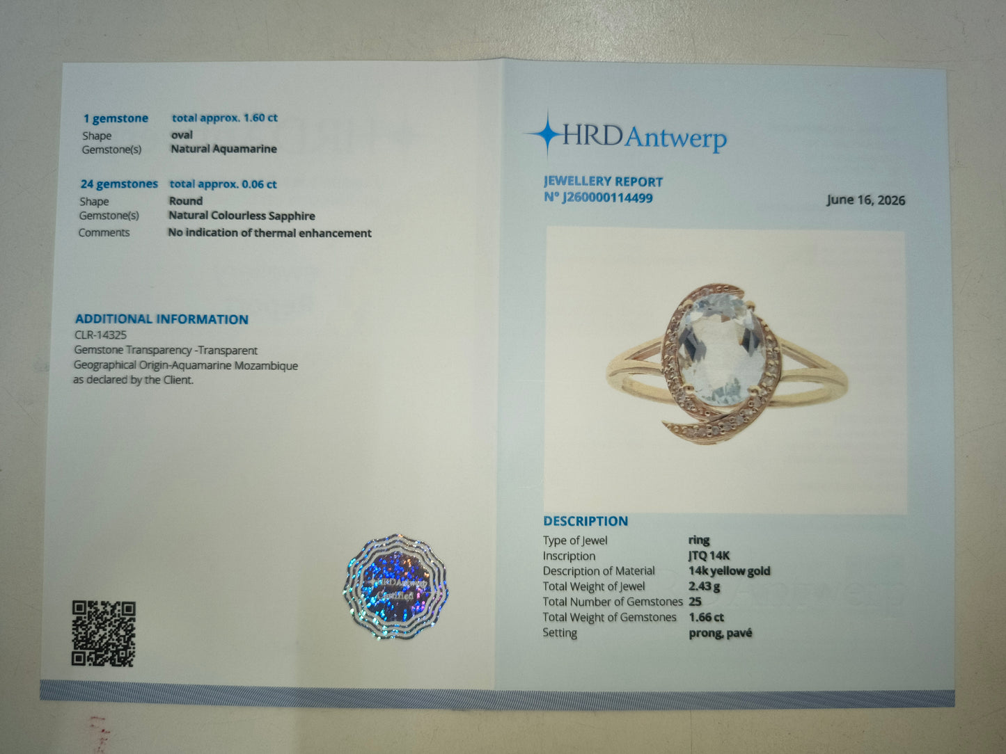 1.66 Ct Oval Natural Aquamarine 14K Gold Ring
