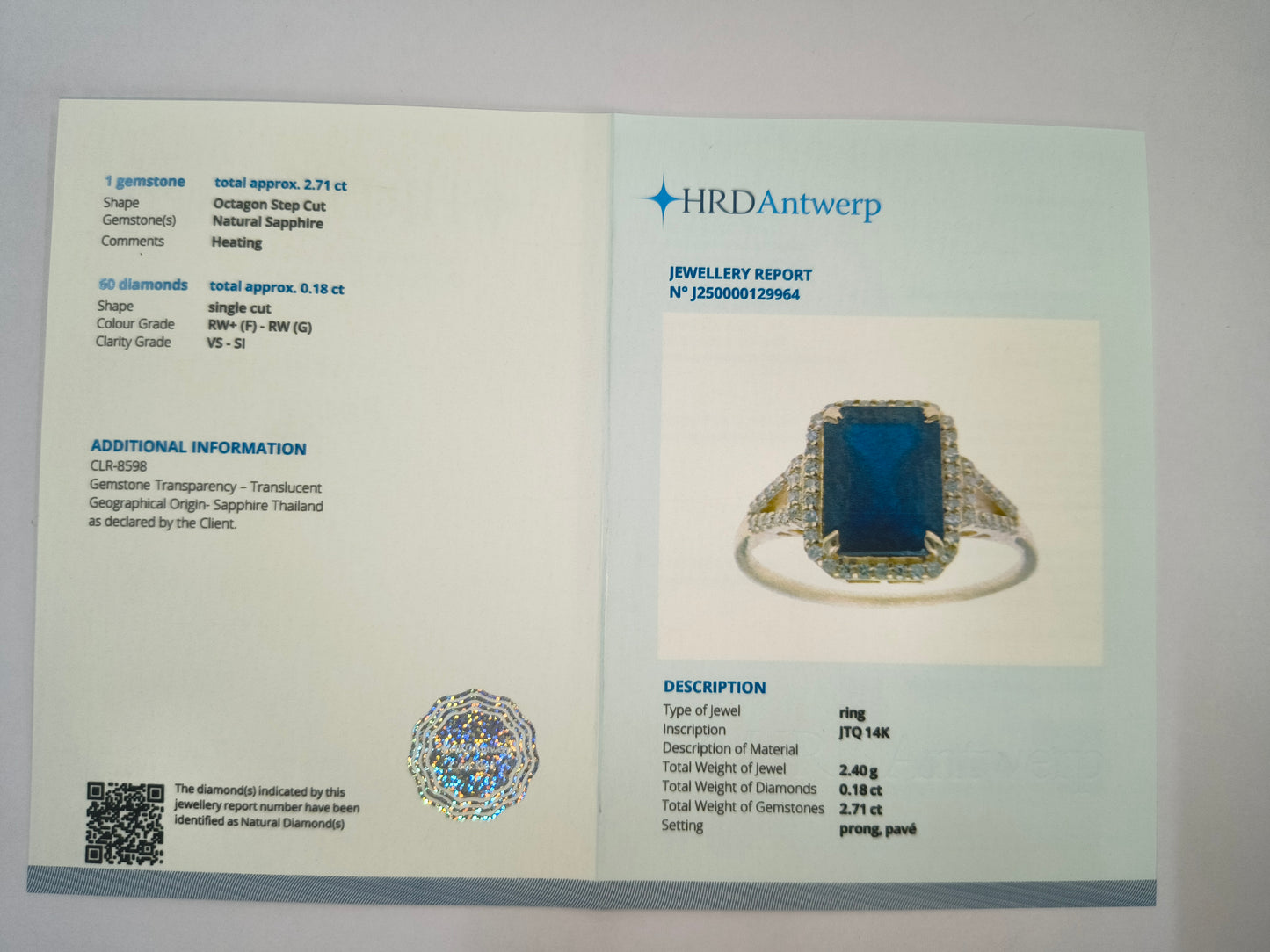 2.89 Ct Octagon Natural Sapphire 14K Gold Ring