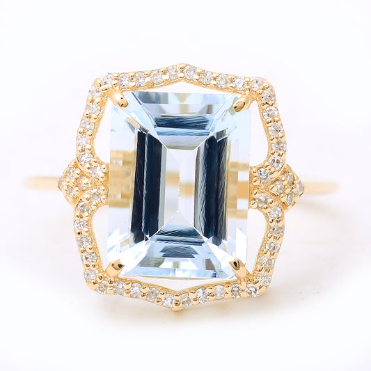 3.64 Ct Octagon Step Cut Natural Aquamarine 14K Gold Ring