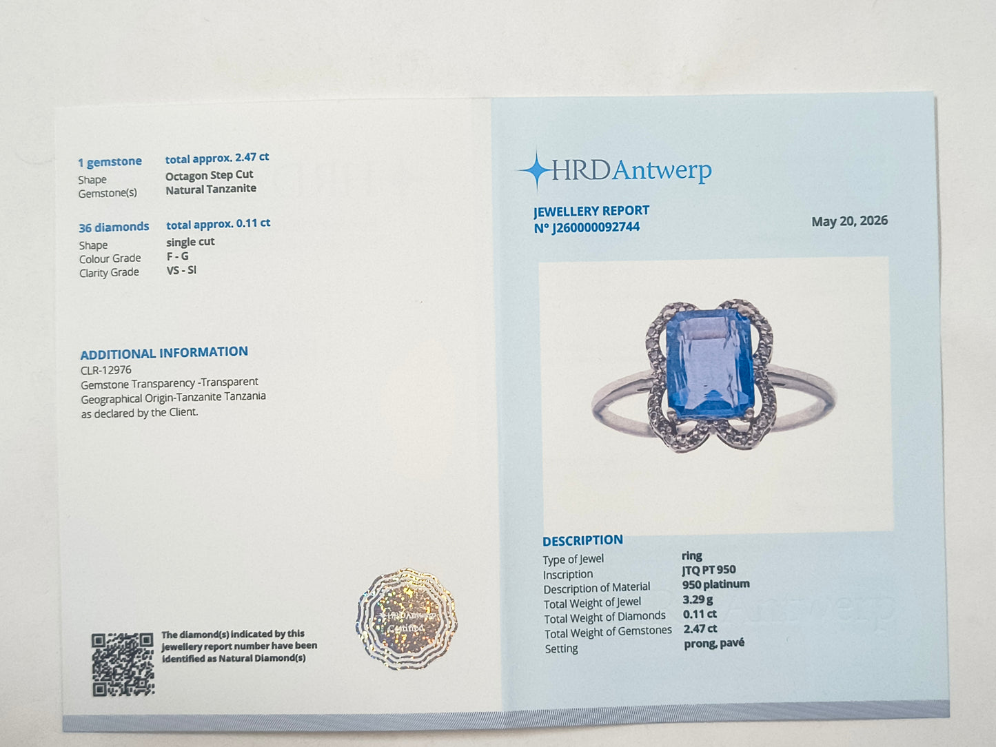 2.58 Ct Octagon Tanzanite 950 Platinum Ring