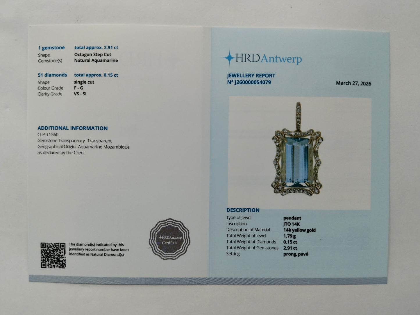 3.06 Ct Octagon Step Cut Natural Aquamarine 14K Gold Pendant