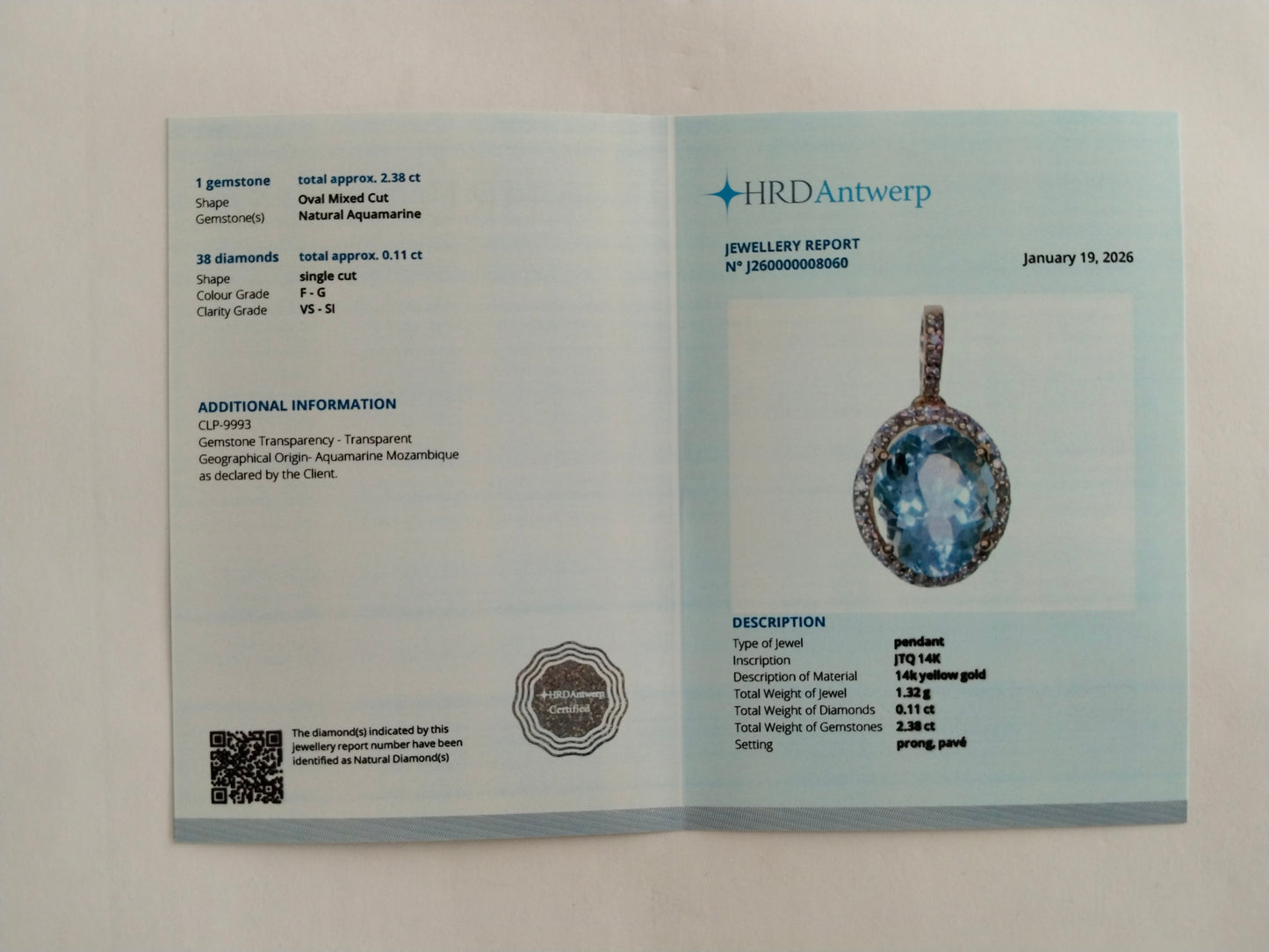 2.49 Ct Oval Mixed Cut Natural Aquamarine 14K Gold Pendant