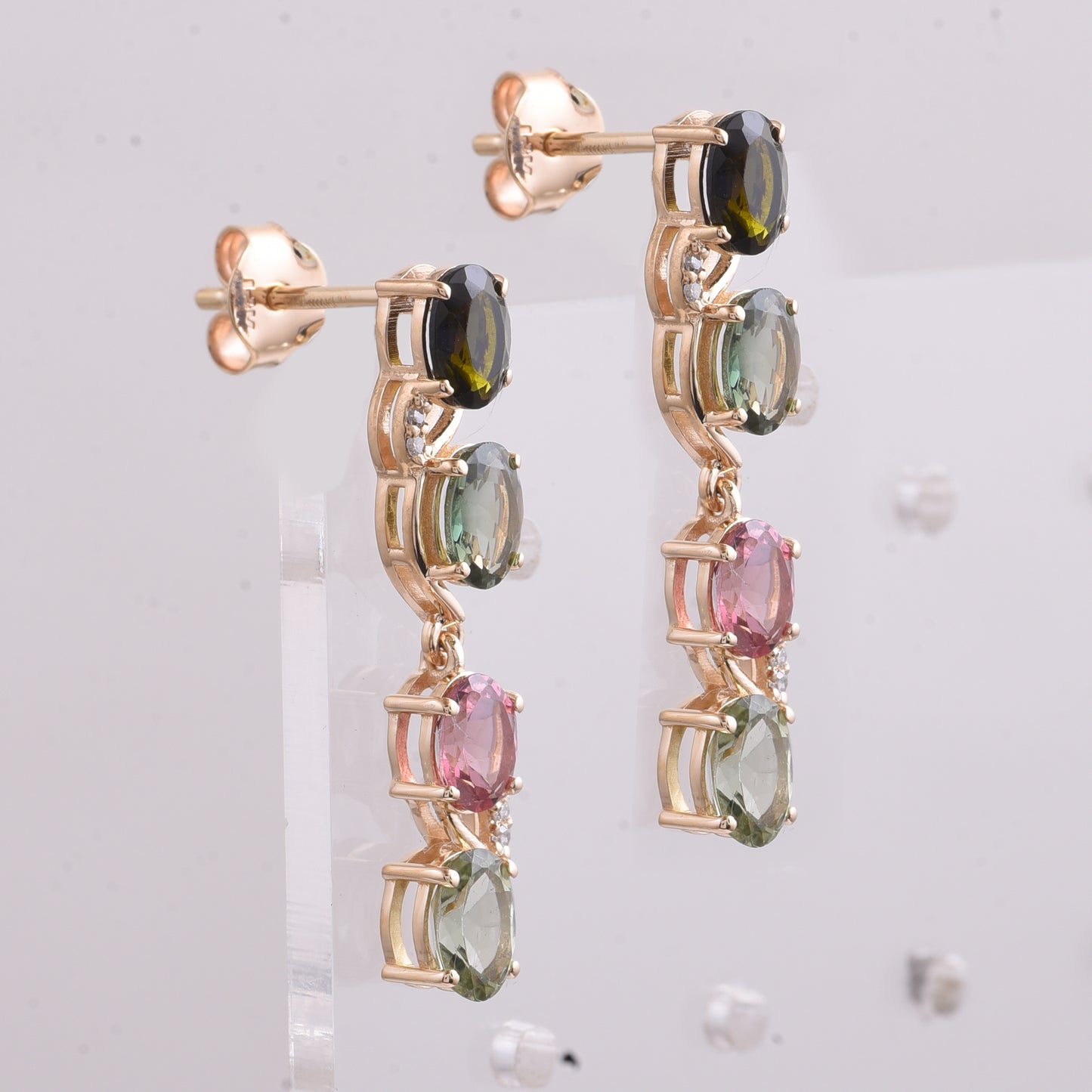 3.20 Ct Oval Mixed Cut Natural Multi-Coloured Tourmaline 14K Gold Earrings
