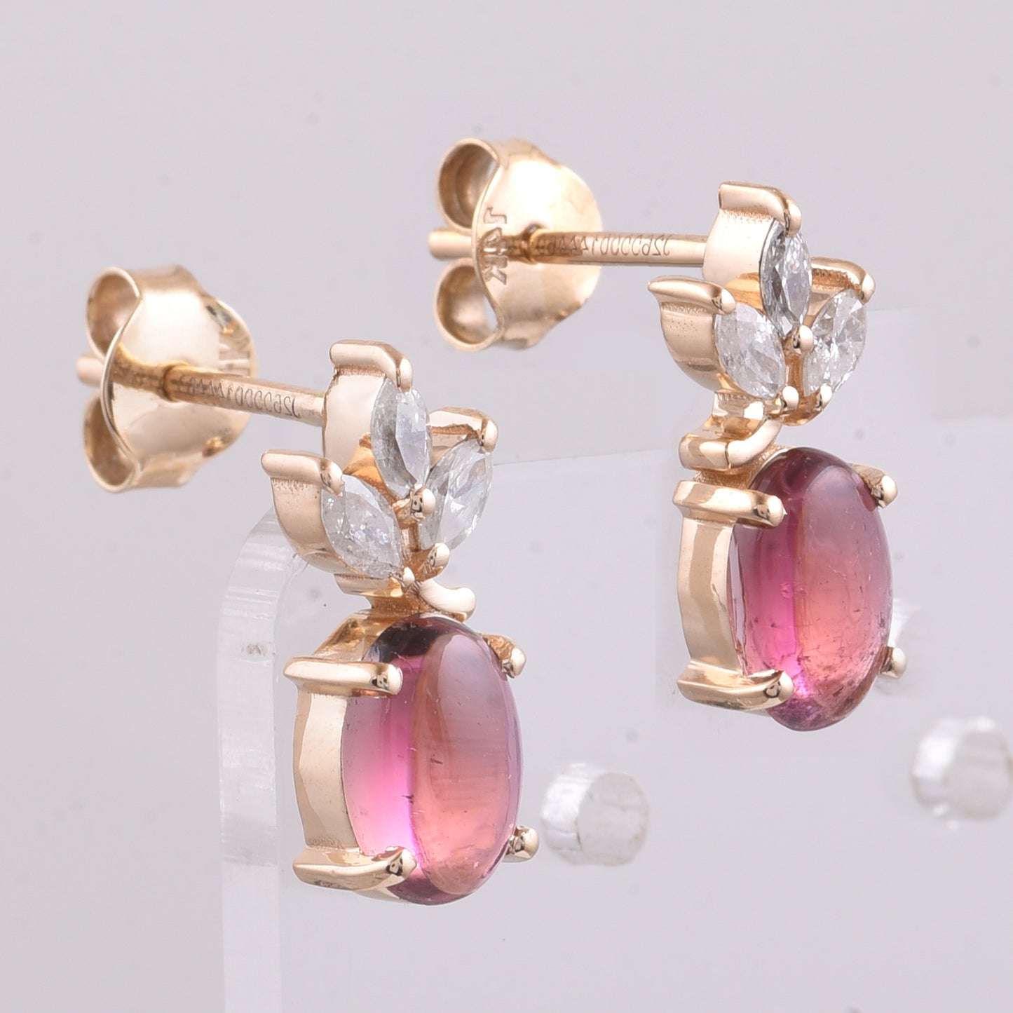 1.49 Ct Oval Cabochon Cut Natural Pink Tourmaline 14K Gold Earrings