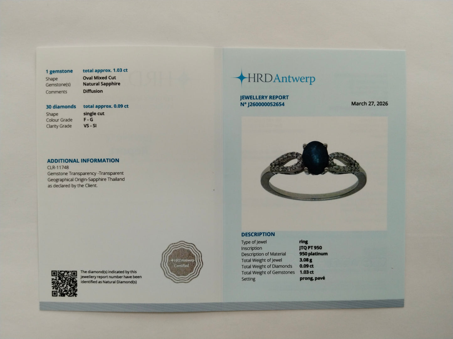 1.12 Ct Oval Mixed Cut Natural Sapphire 950 Platinum Ring