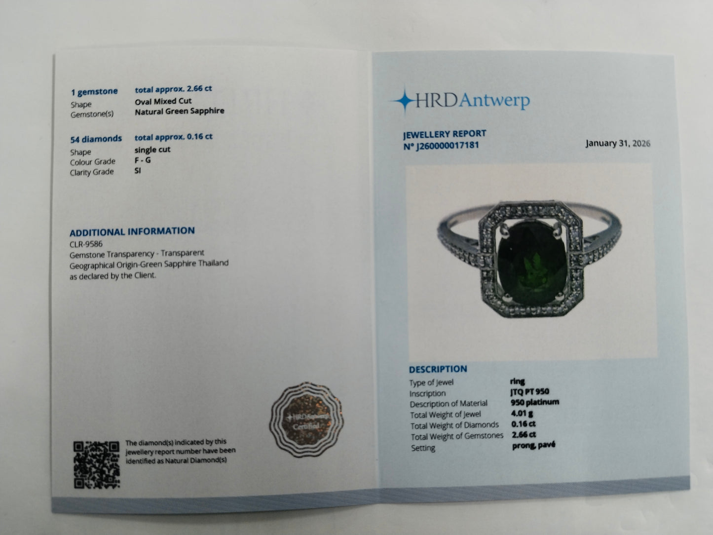 2.82 Ct Oval Mixed Cut Natural Green Sapphire 950 Platinum Ring