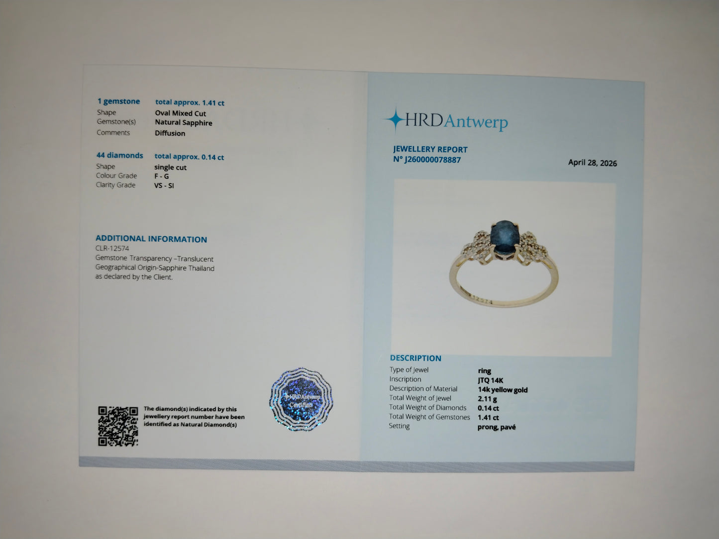 1.44 Ct Oval Mixed Cut Natural Sapphire 14K Gold Ring