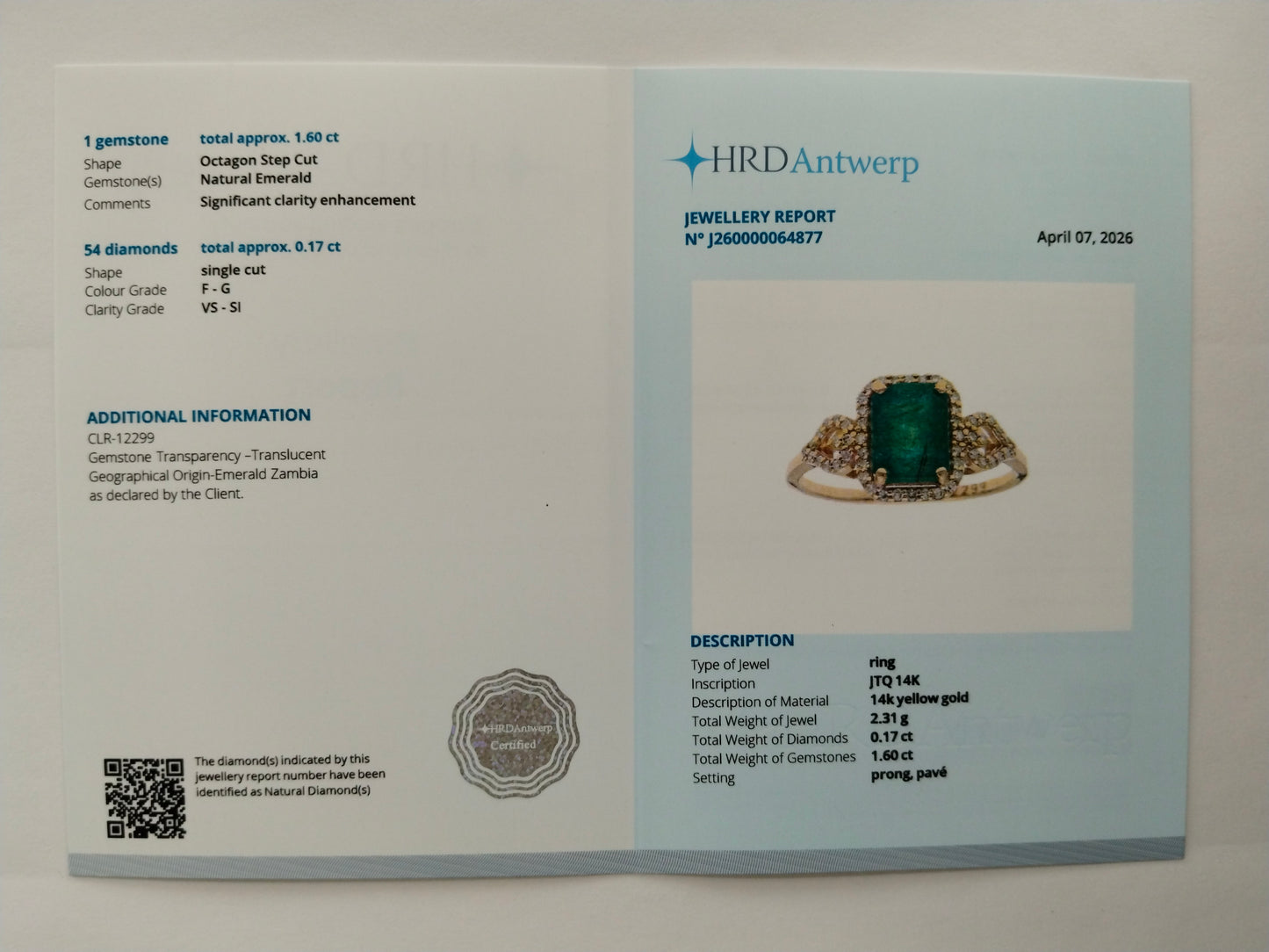 1.77 Ct Octagon Step Cut Natural Emerald 14K Gold Ring