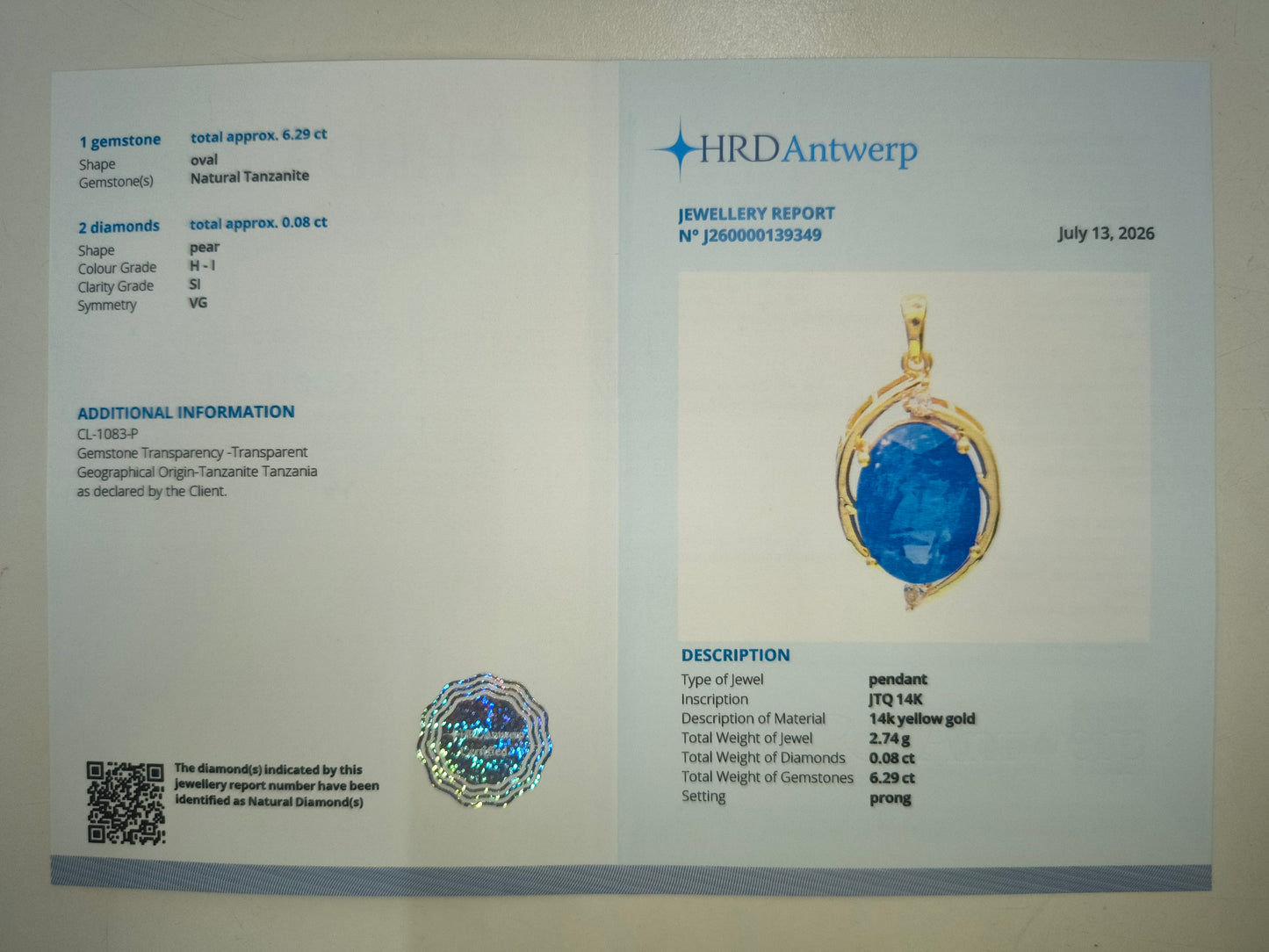 6.37 Ct Oval Natural Tanzanite 14K Gold Pendant