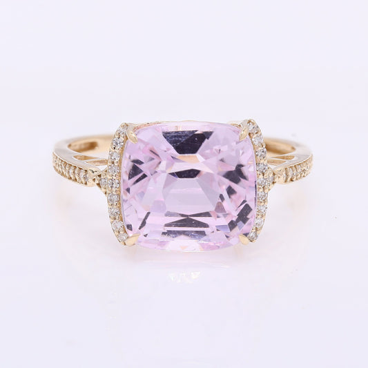 6.60 Ct Cushion Mixed Cut Natural Kunzite 14K Gold Ring