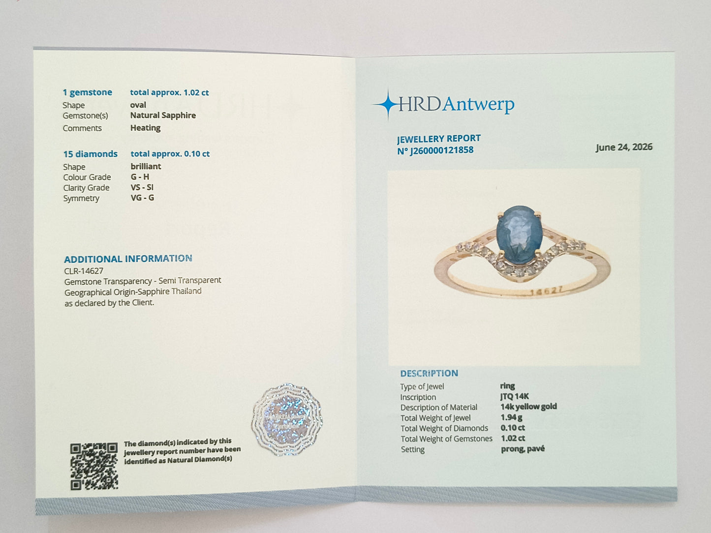 1.12 Ct Oval Natural Sapphire 14K Gold Ring