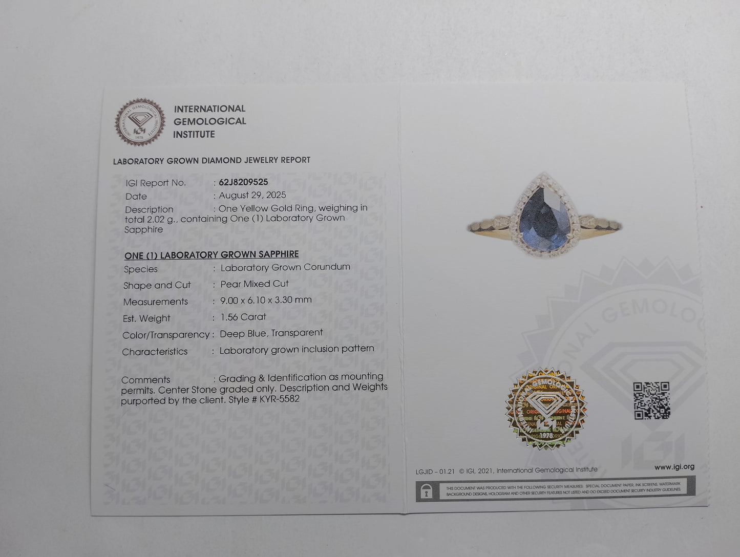 1.67 Ct Pear Mixed Cut Lab Grown Sapphire 14K Gold Ring