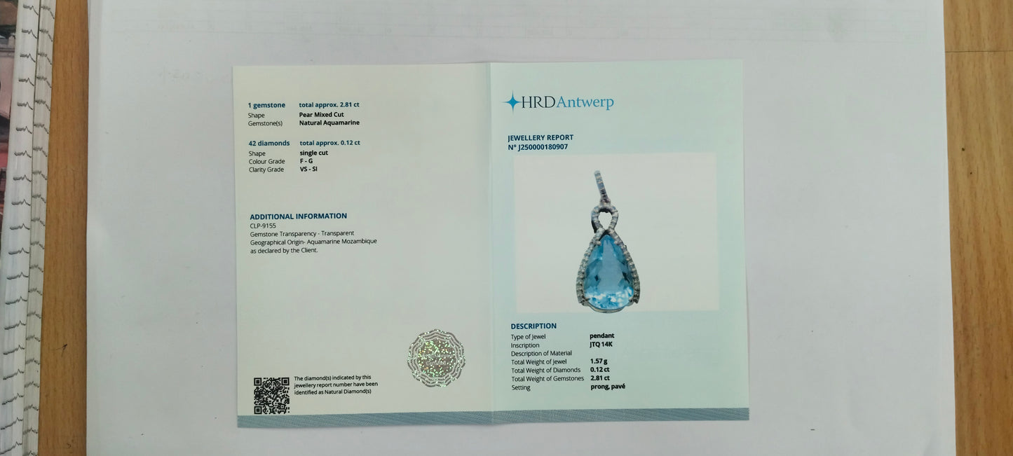 2.93 Ct Pear Mixed Cut Natural Aquamarine 14K Gold Pendant