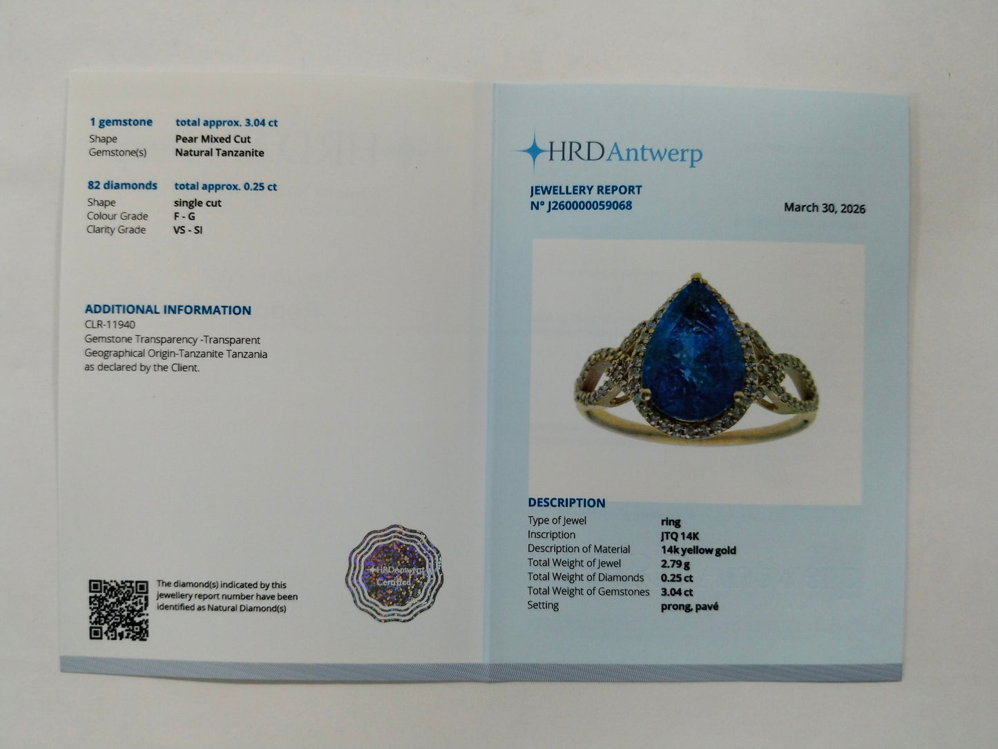 3.29 Ct Pear Mixed Cut Natural Tanzanite 14K Gold Ring