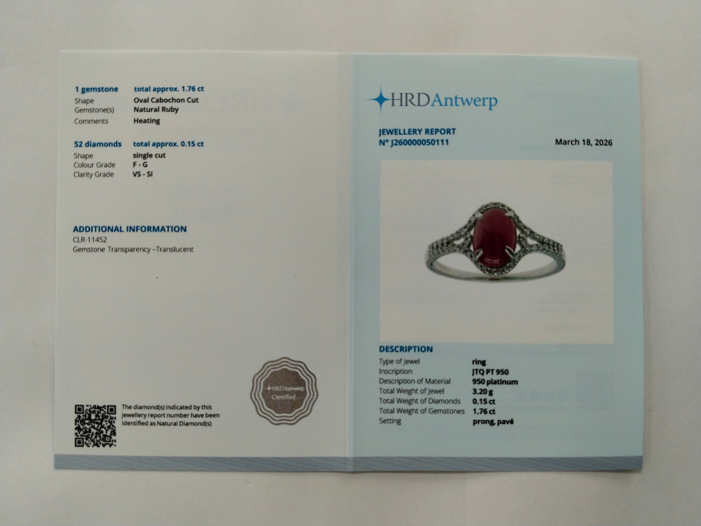 1.91 Ct Oval Cabochon Cut Natural Ruby 950 Platinum Ring