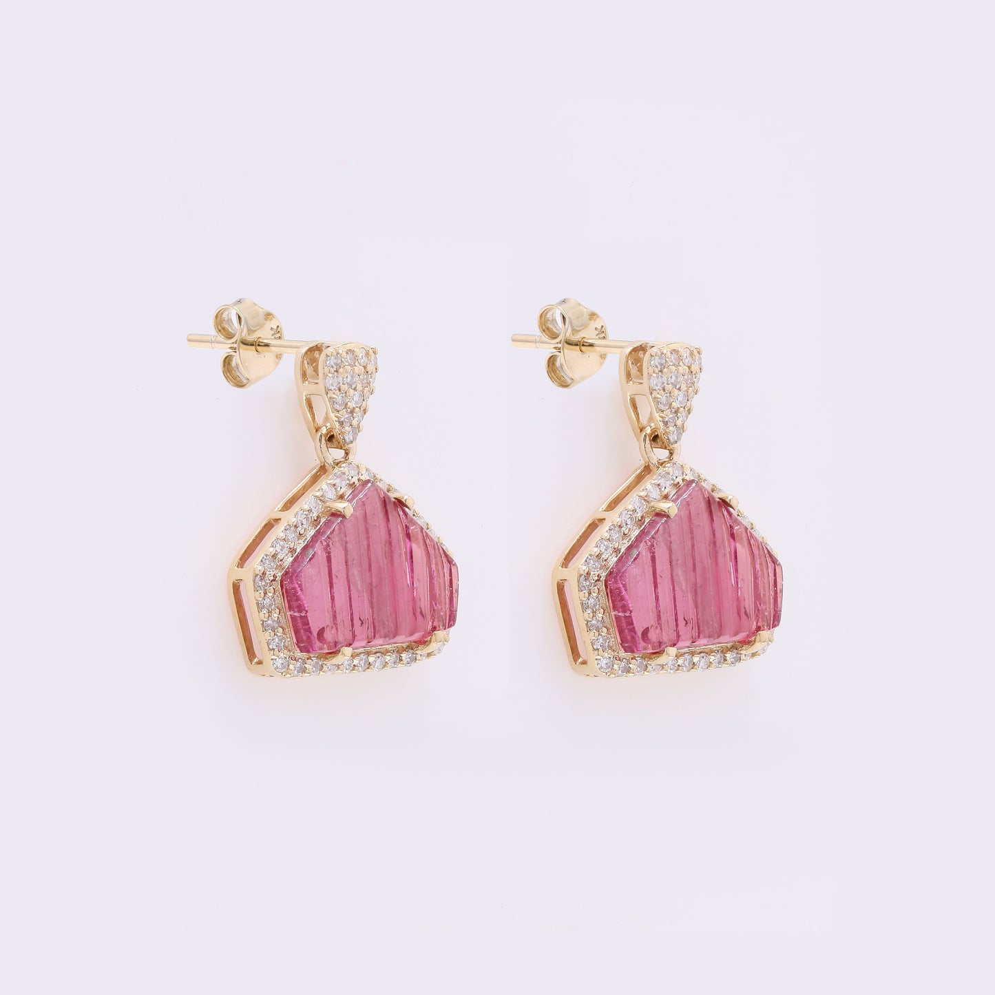2.33 Ct Fancy Carving Natural Pink Tourmaline 14K Gold Earrings