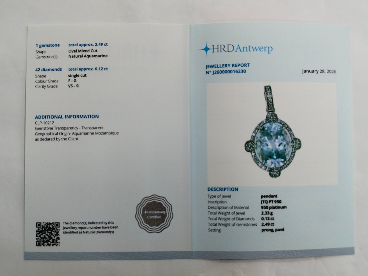 2.61 Ct Oval Mixed Cut Natural Aquamarine 950 Platinum Pendant