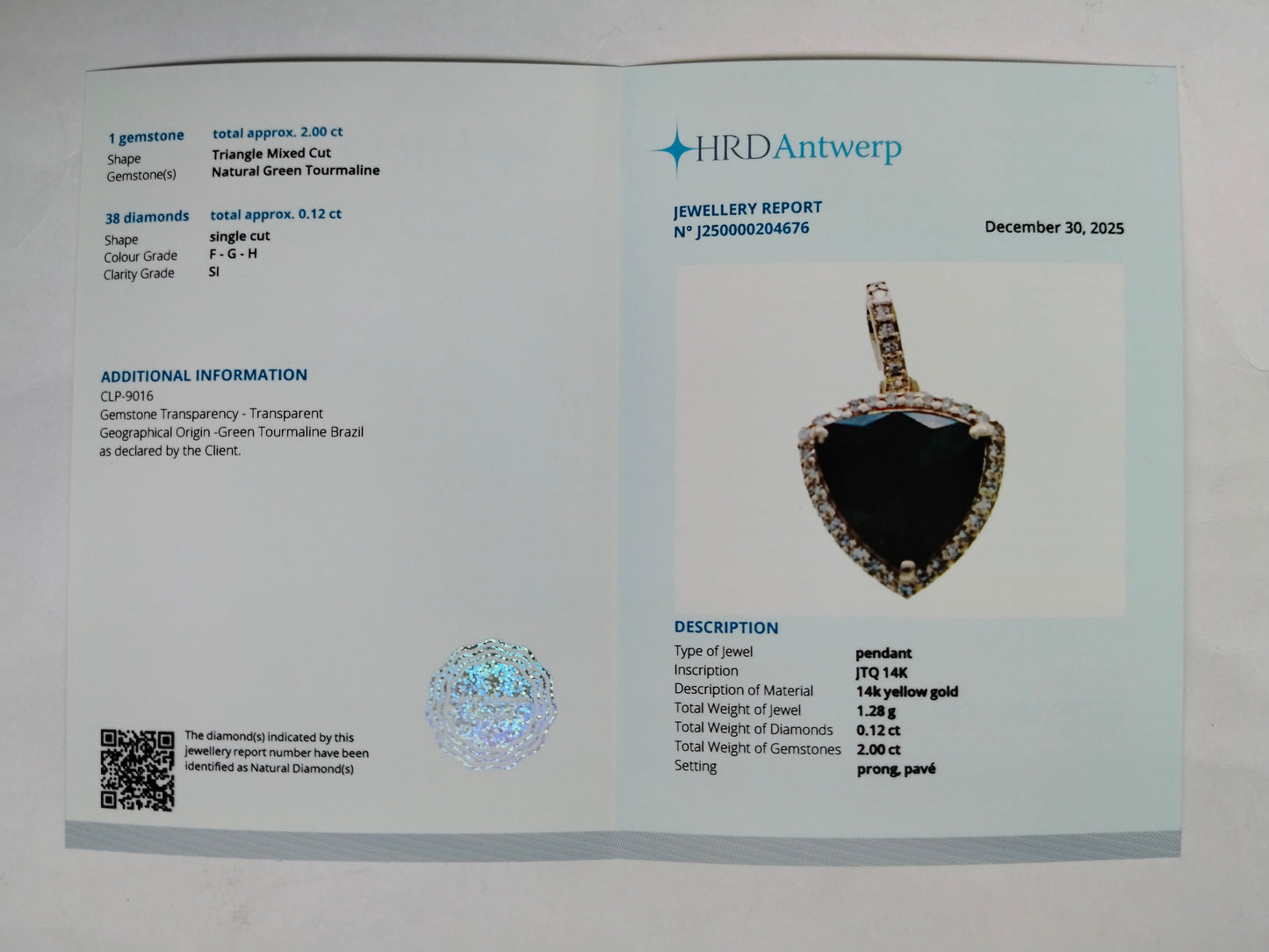 2.12 Ct Triangle Mixed Cut Natural Green Tourmaline 14K Gold Pendant