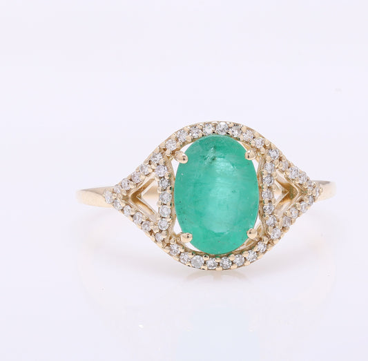 1.54 Ct Oval Mixed Cut Natural Emerald 14K Gold Ring