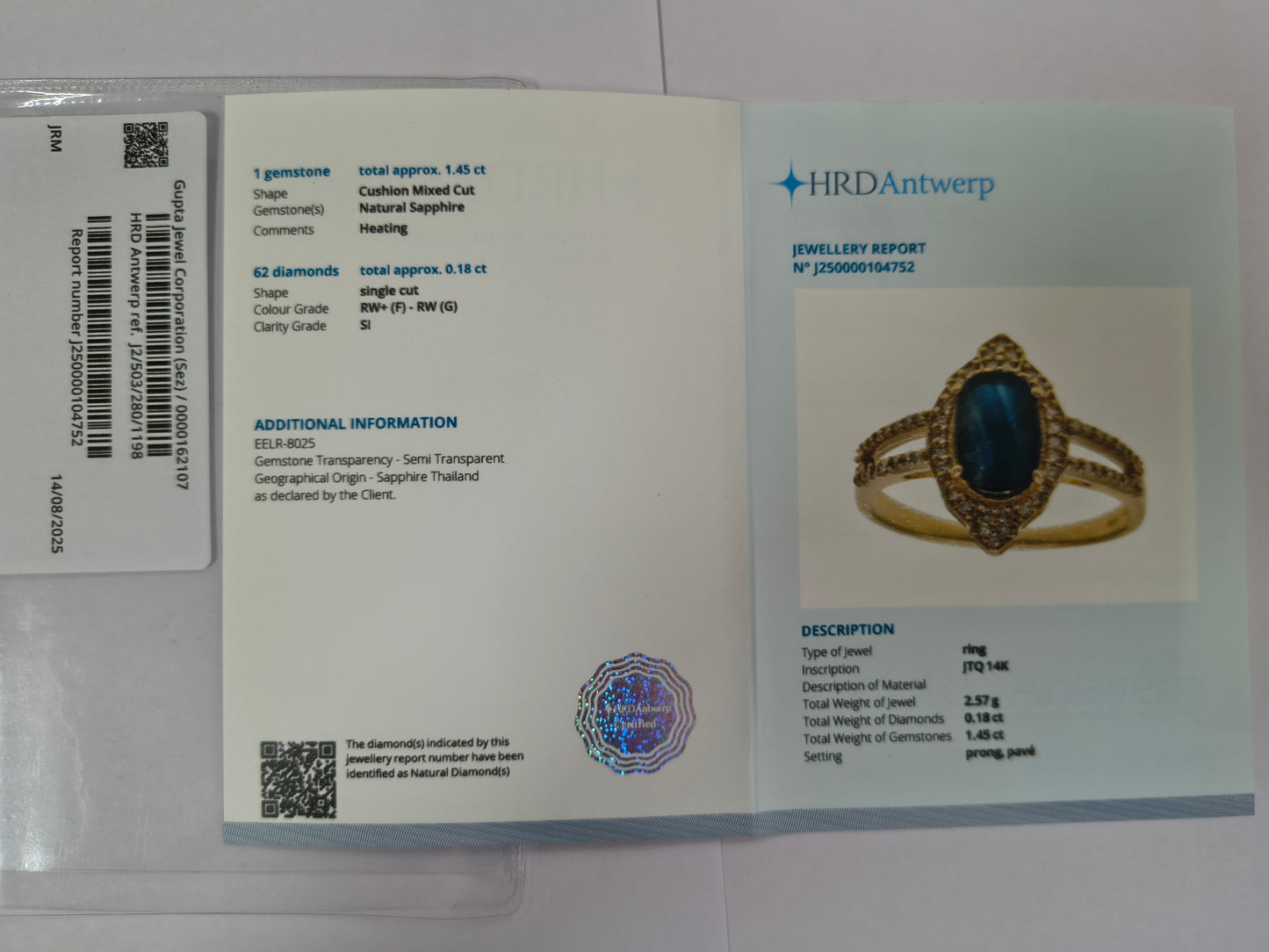 1.63 Ct Cushion Mixed Cut Natural Sapphire 14K Gold Ring