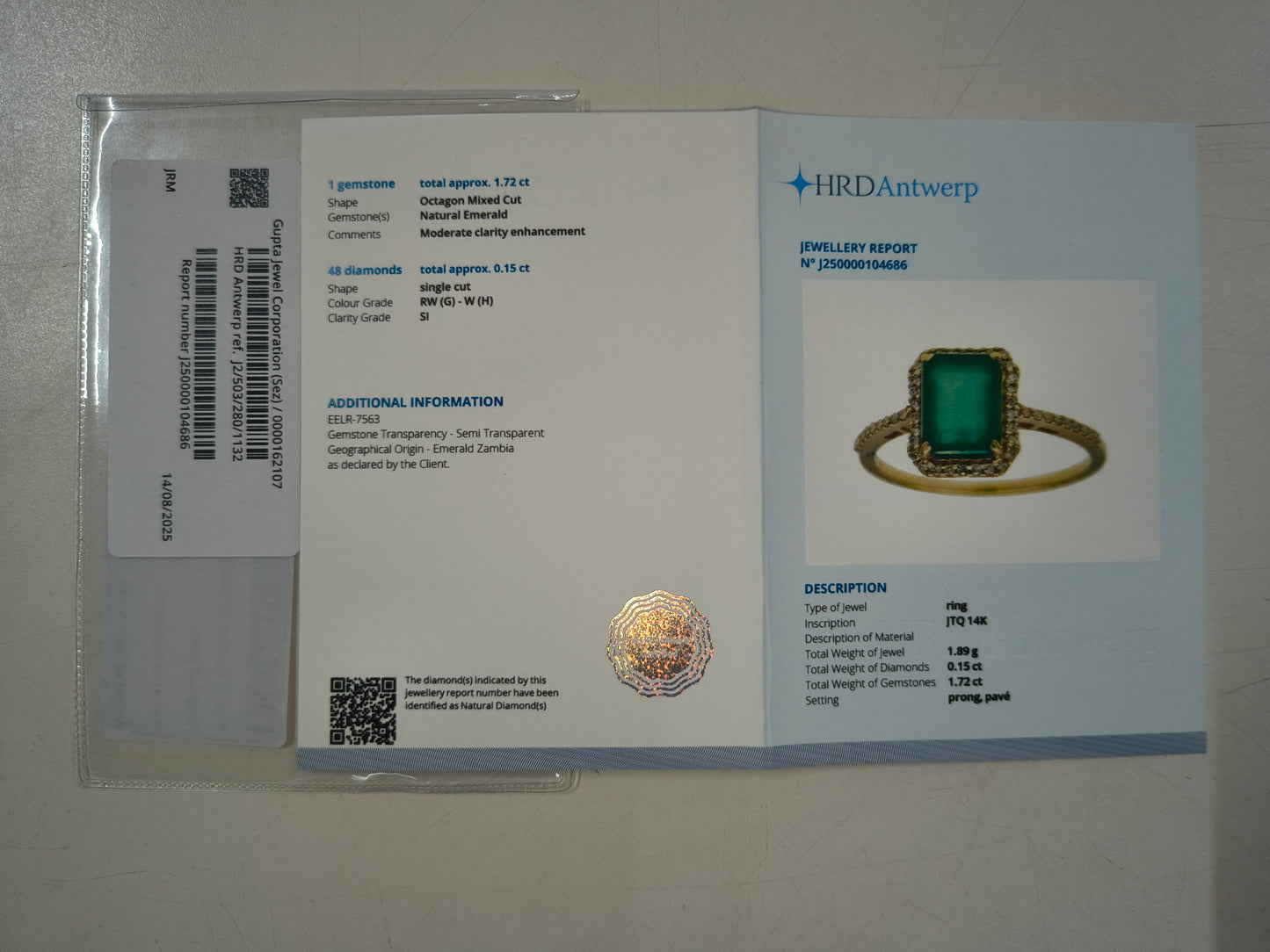 1.87 Ct Octagon Mixed Cut Natural Emerald 14K Gold Ring