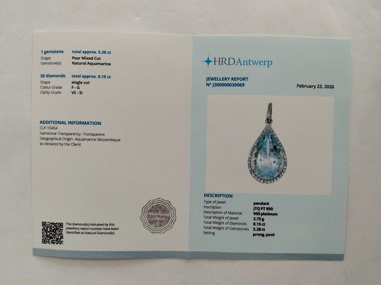5.43 Ct Pear Mixed Cut Natural Aquamarine 950 Platinum Pendant