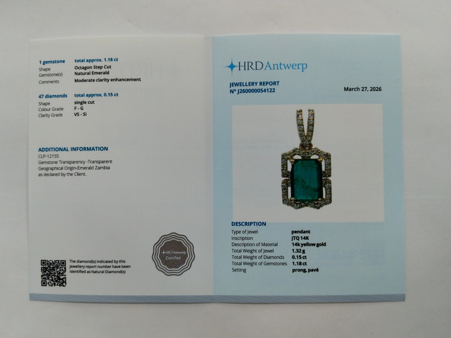 1.33 Ct Octagon Step Cut Natural Emerald 14K Gold Pendant