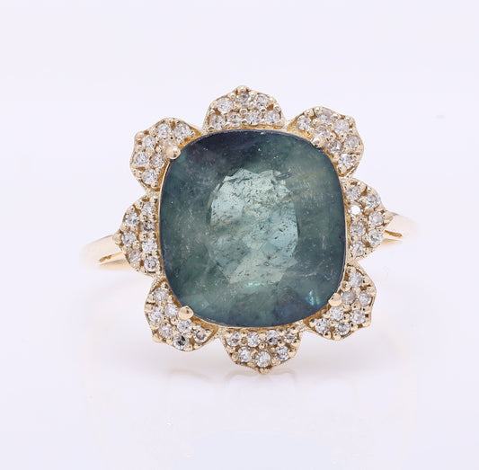 6.13 Ct Cushion Mixed Cut Natural Sapphire 14K Gold Ring