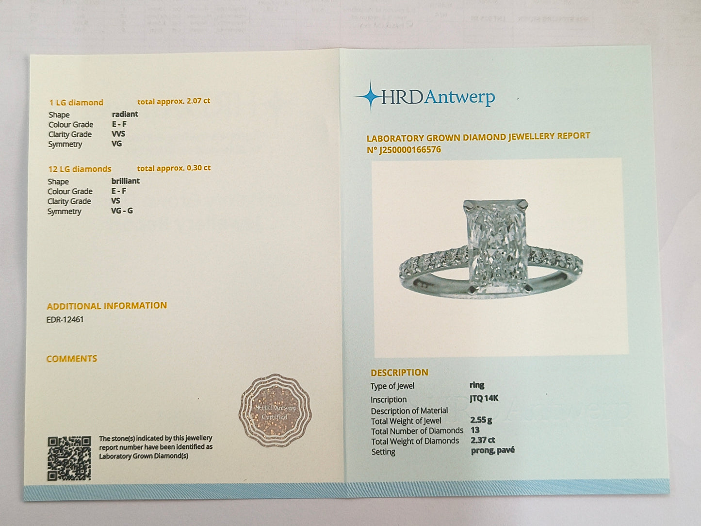 2.37 Carats Lab Grown Diamond 14K Gold Ring