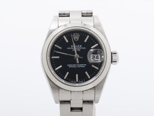 Rolex - 69160 - Oyster Perpetual Date Black Dial Ladies Automatic Watch, A Serial, 26mm