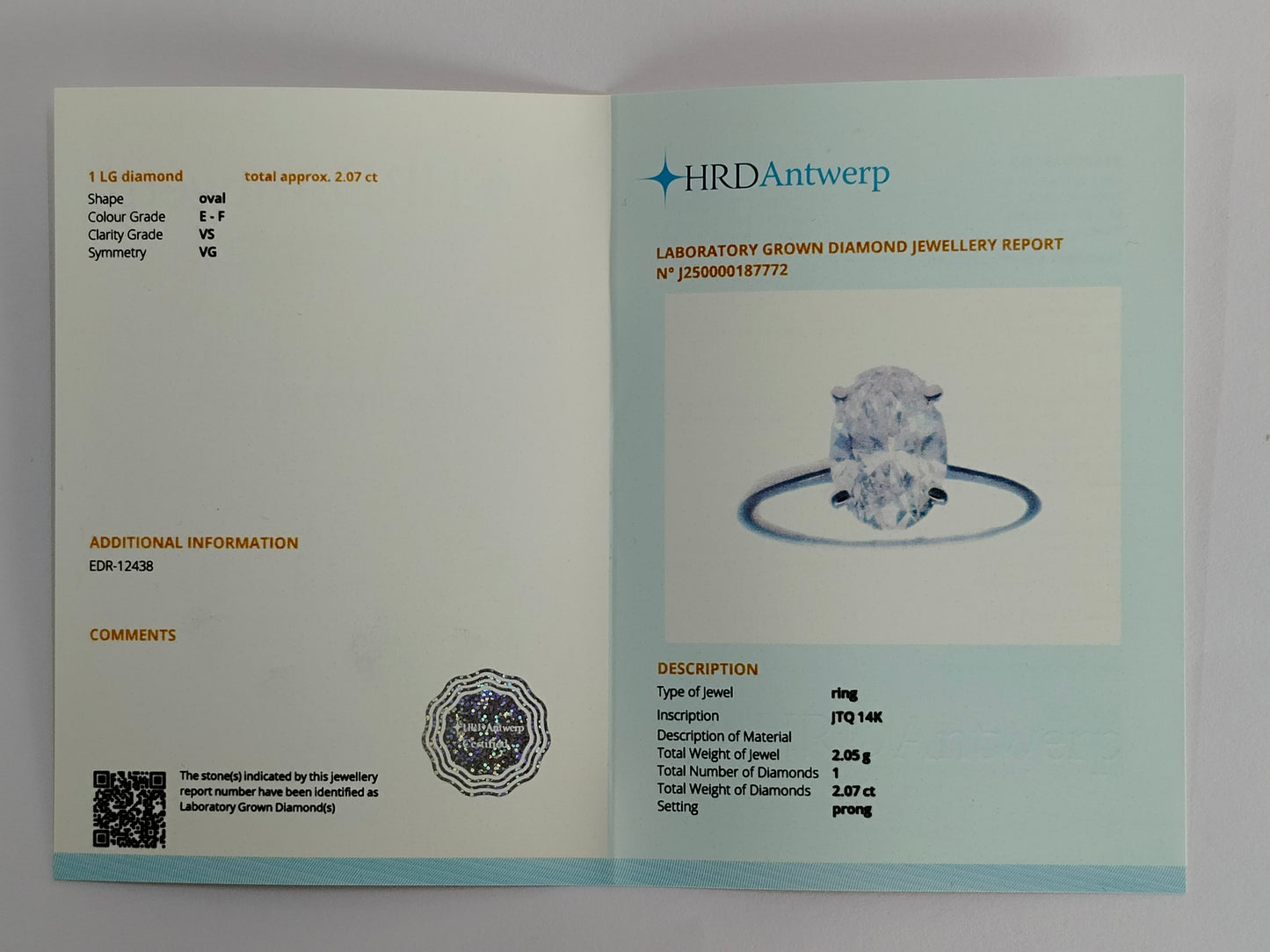 2.07 Carats Lab Grown Diamond 14K Gold Ring