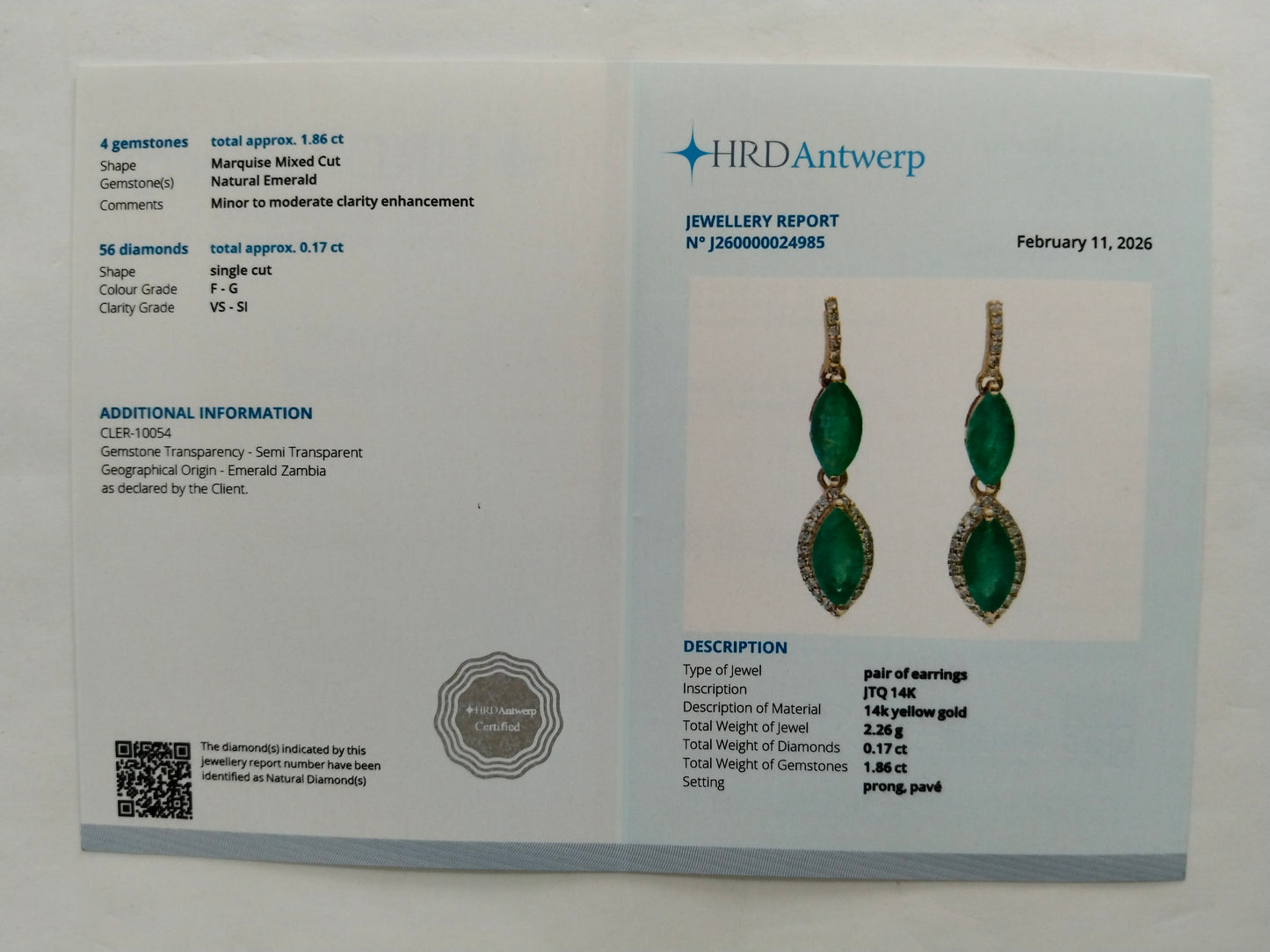 2.03 Ct Marquise Mixed Cut Natural Emerald 14K Gold Earrings