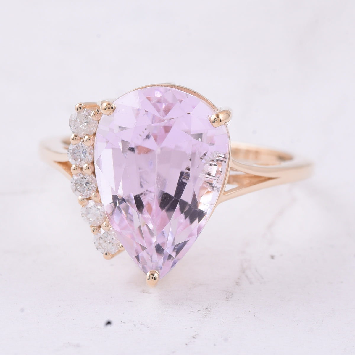 7.42 Ct Pear Natural Kunzite 14K Gold Ring