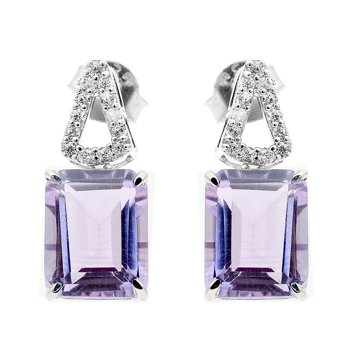 6.71 Ct Octagon Amethyst, White Zircon 925 Sterling Silver Earrings