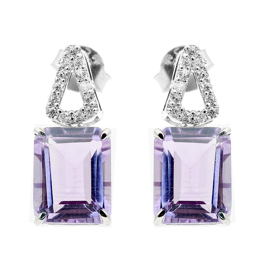 6.71 Ct Octagon Amethyst, White Zircon 925 Sterling Silver Earrings