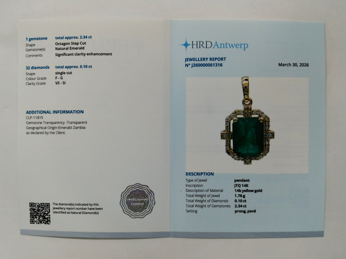 2.44 Ct Octagon Step Cut Natural Emerald 14K Gold Pendant