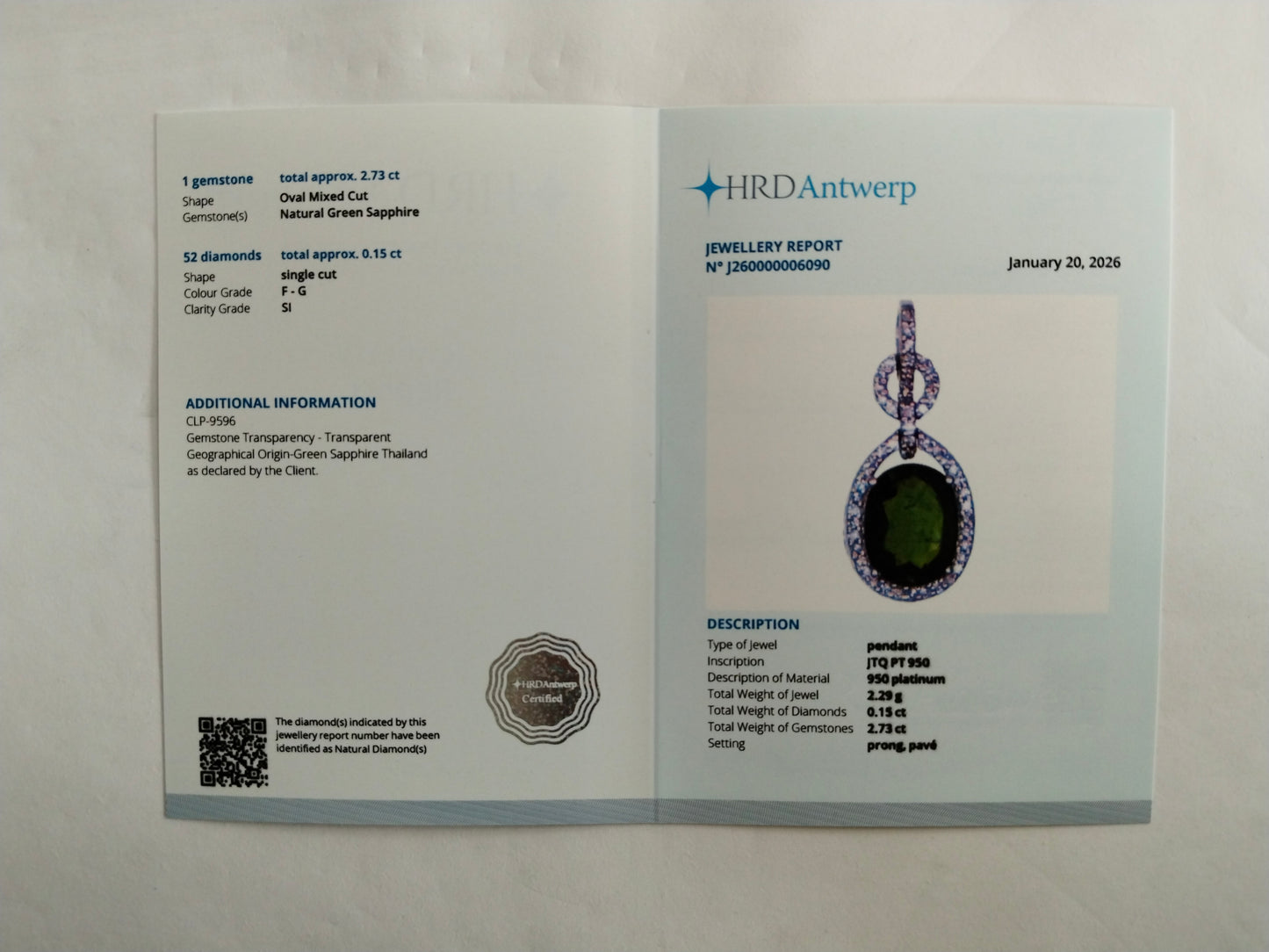2.88 Ct Oval Mixed Cut Natural Green Sapphire 950 Platinum Pendant