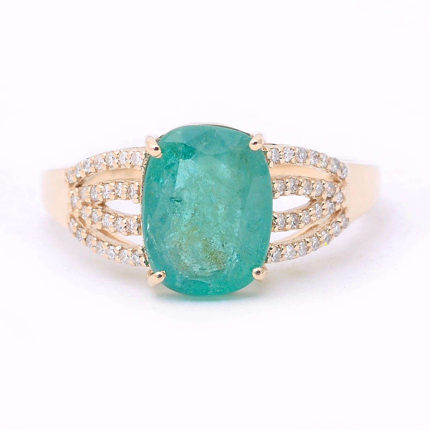 2.62 Ct Cushion Mixed Cut Natural Emerald 14K Gold Ring