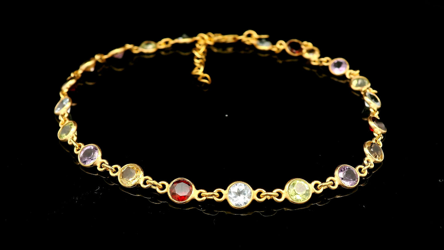 5.93 Ct Round Garnet, Peridot, Blue Topaz, Citrine, Amethyst 925 Sterling Silver Anklet