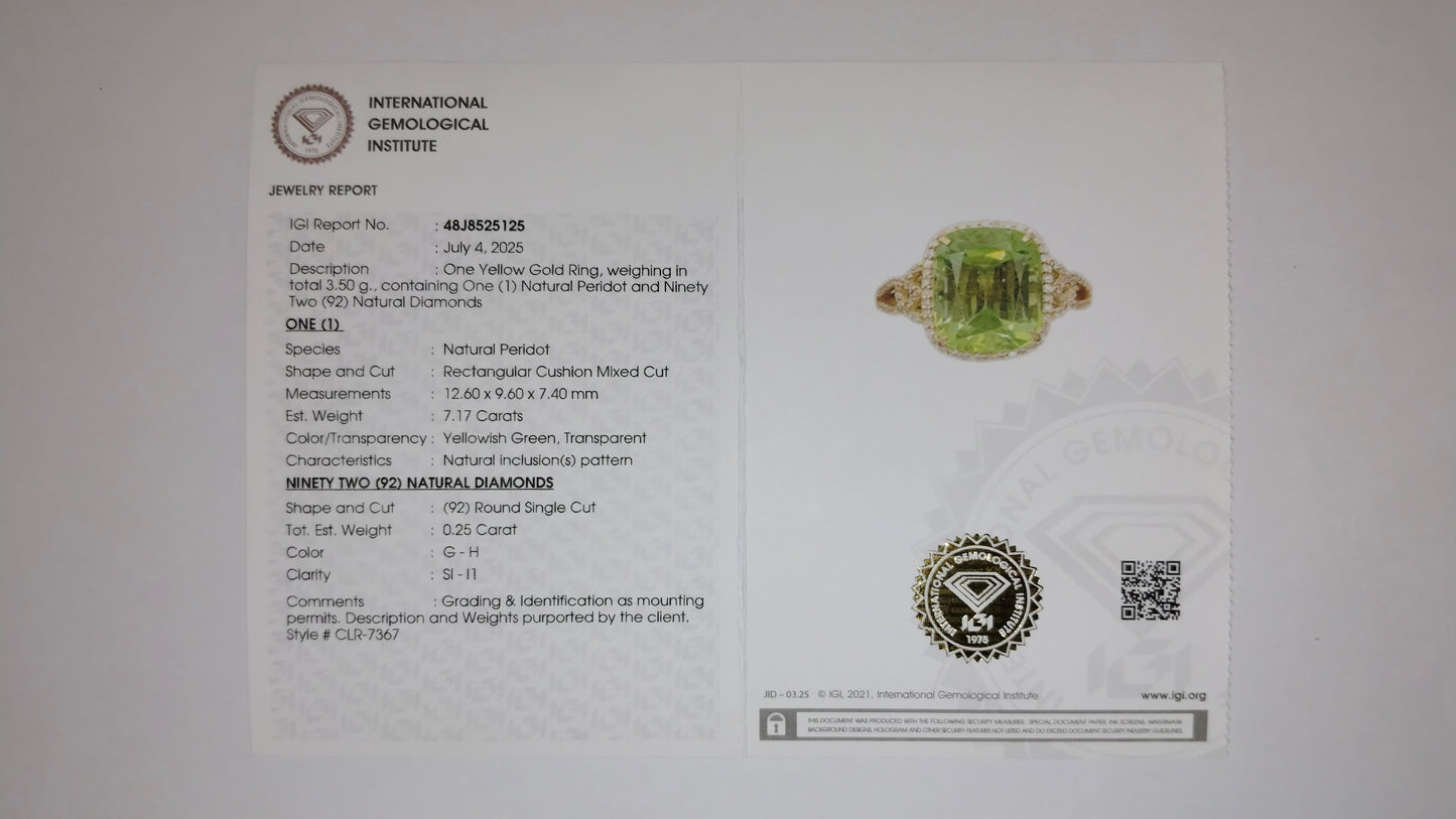 7.42 Ct Rectangular Cushion Mixed Cut Natural Peridot 14K Gold Ring