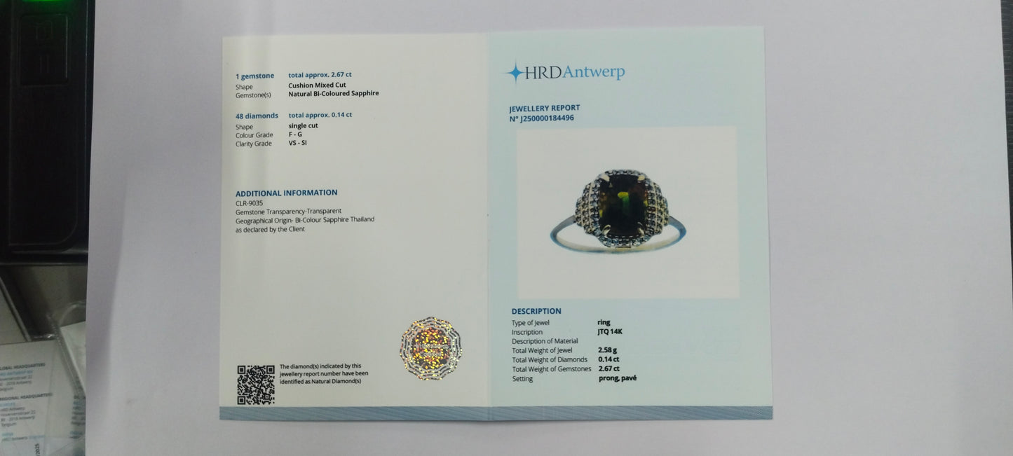 2.81 Ct Cushion Mixed Cut Natural Bi-Coloured Sapphire 14K Gold Ring