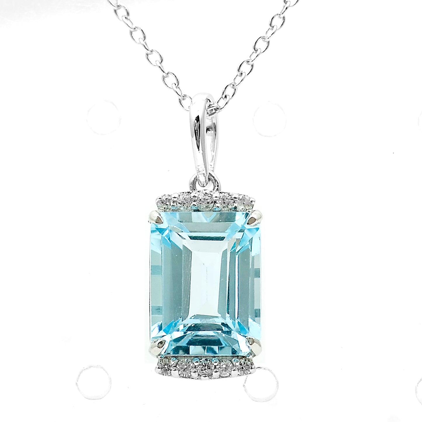 4.02 Ct Octagon Blue Topaz, White Zircon 925 Sterling Silver Pendant