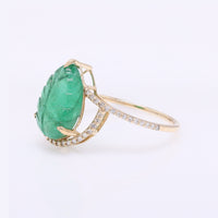 3.56 Ct Pear Carving Natural Beryl Emerald 14K Gold Ring