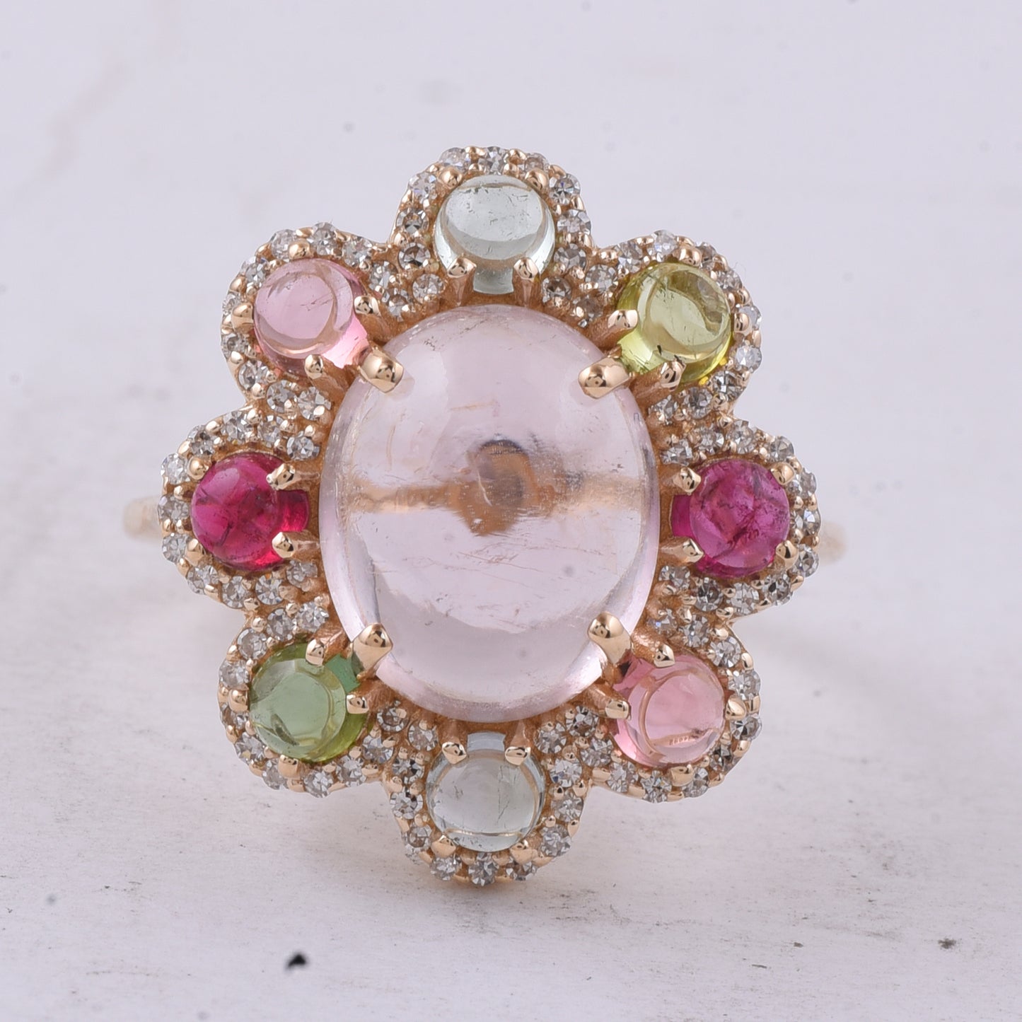 6.06 Ct Oval Cabochon Cut, Round Cabochon Cut Natural Multi-Coloured Tourmaline 14K Gold Ring