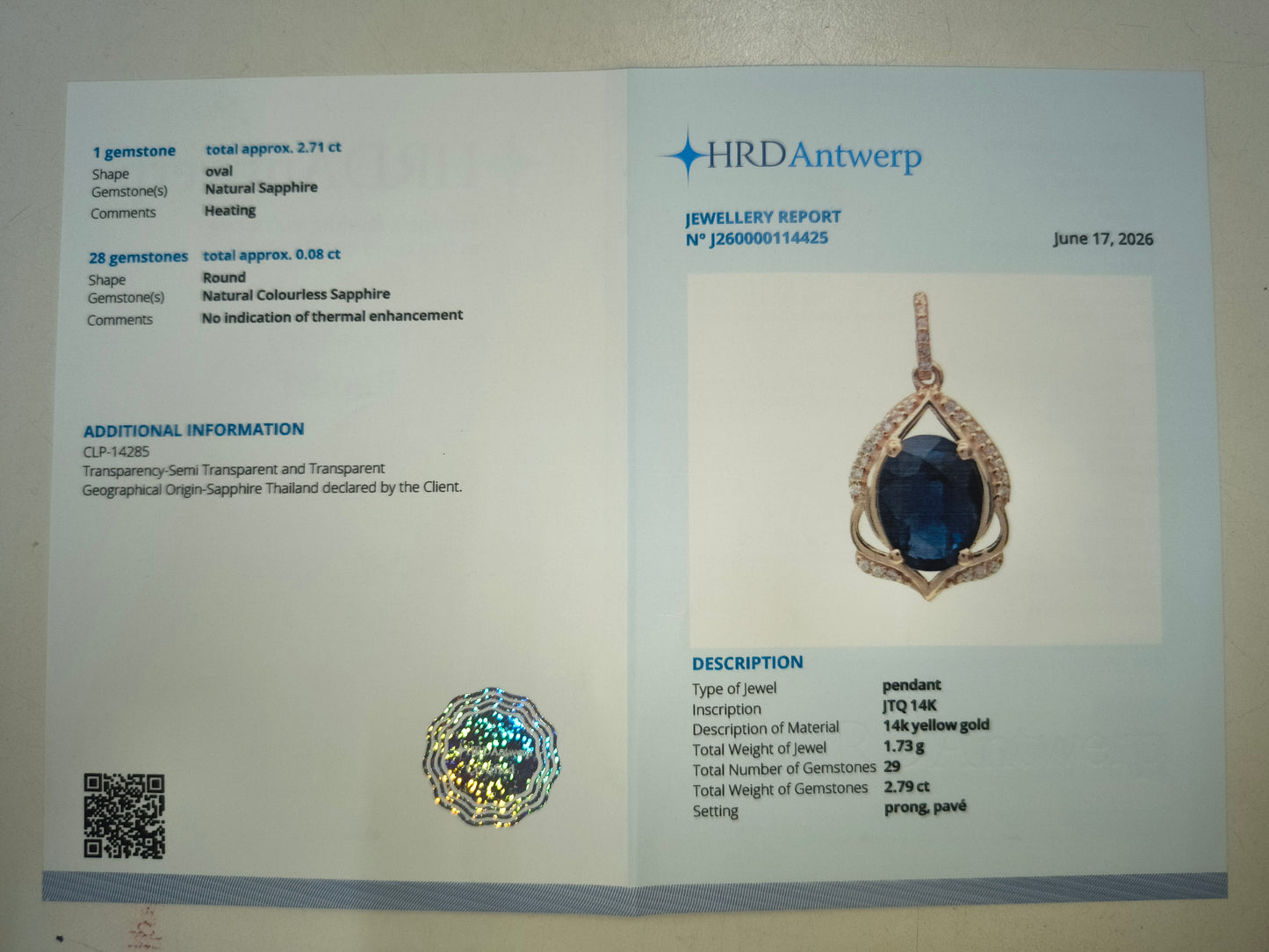 2.79 Ct Oval Natural Sapphire 14K Gold Pendant