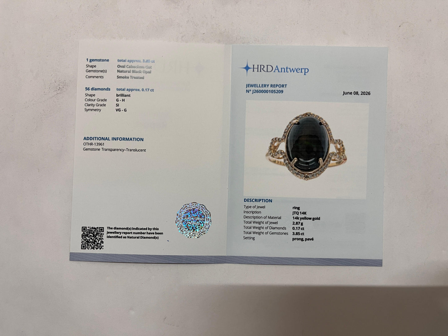 4.02 Ct Oval Cabochon Cut Natural Black Opal 14K Gold Ring